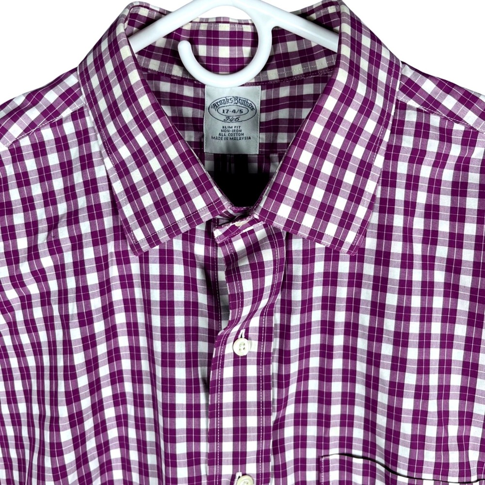Brooks Brothers 346 Button‎ Down Mens 17-4/5 Purple Gingham Slim Fit Non-Iron